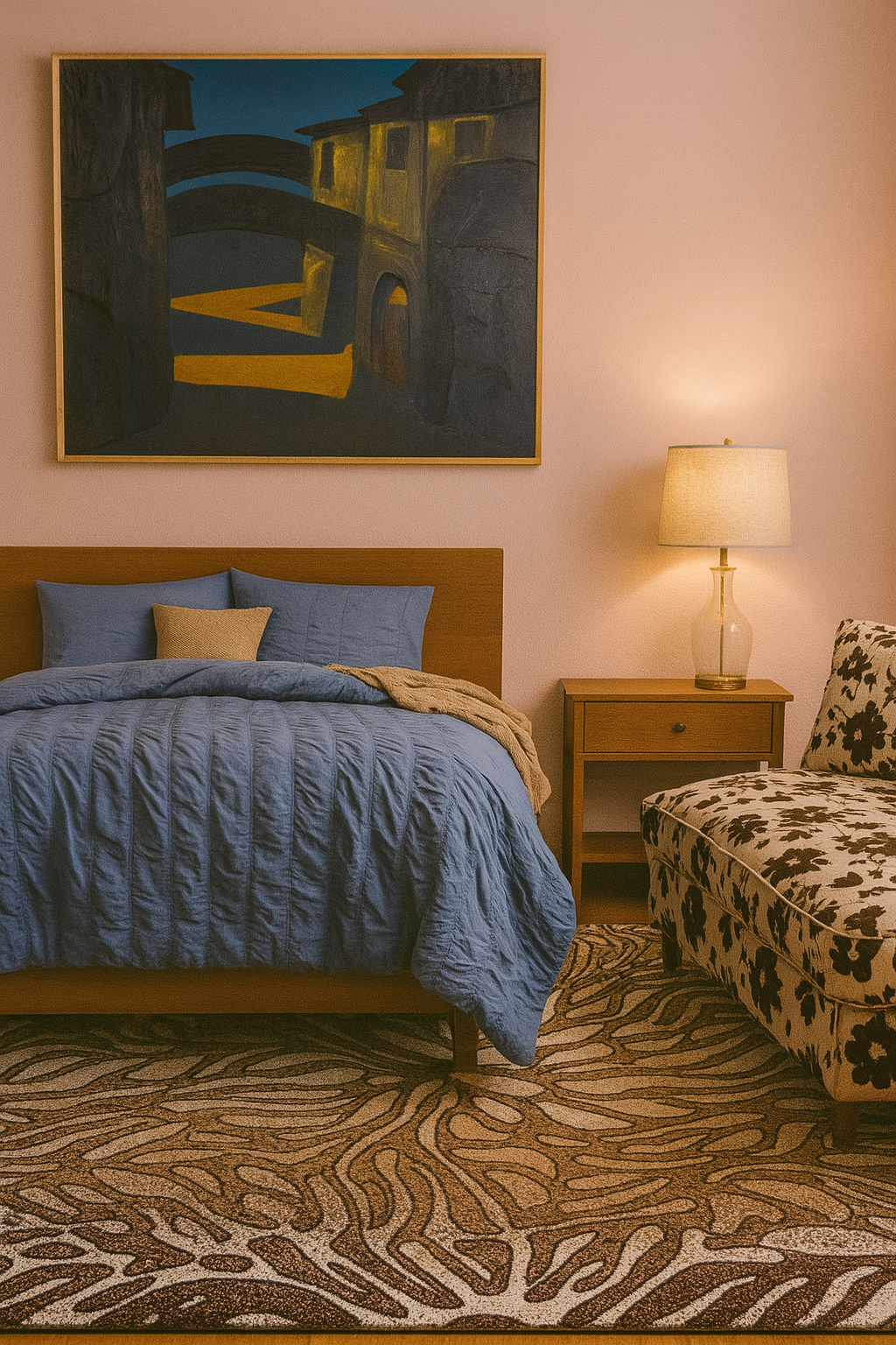 upscale bedroom with chunky jean blue bedding a patterned brown rug and artwork that shows an arch between two buildings with hard yellow corner-setting sun but with a dark teal sky