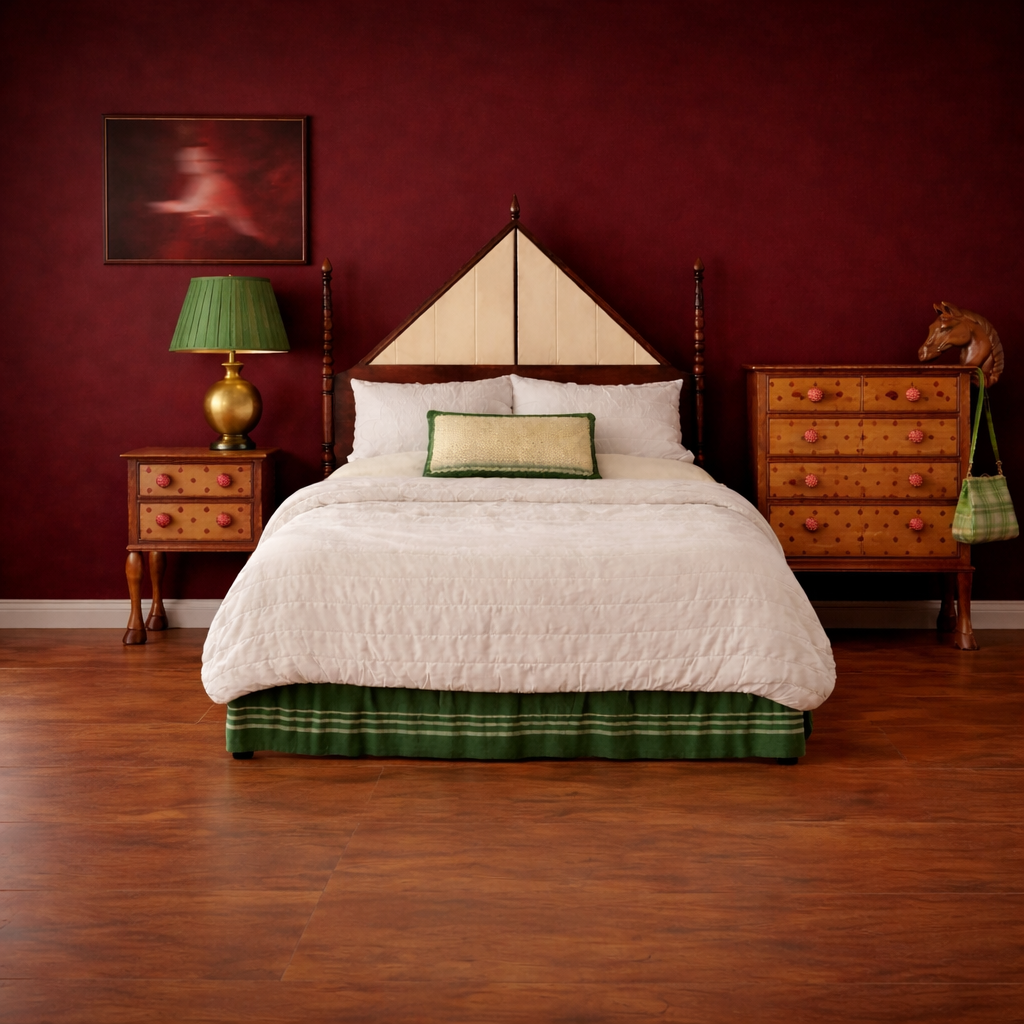 Bedroom with wooden furniture, including a bed, nightstands, and a dresser, against a red wall.